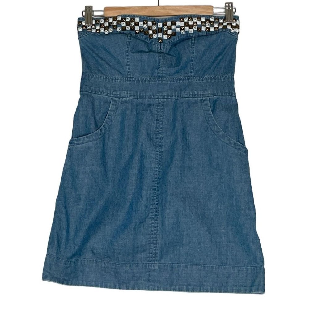 Free People Dress Mimi Strapless Blue Denim Studded Detail Neckline Womens Sz 0